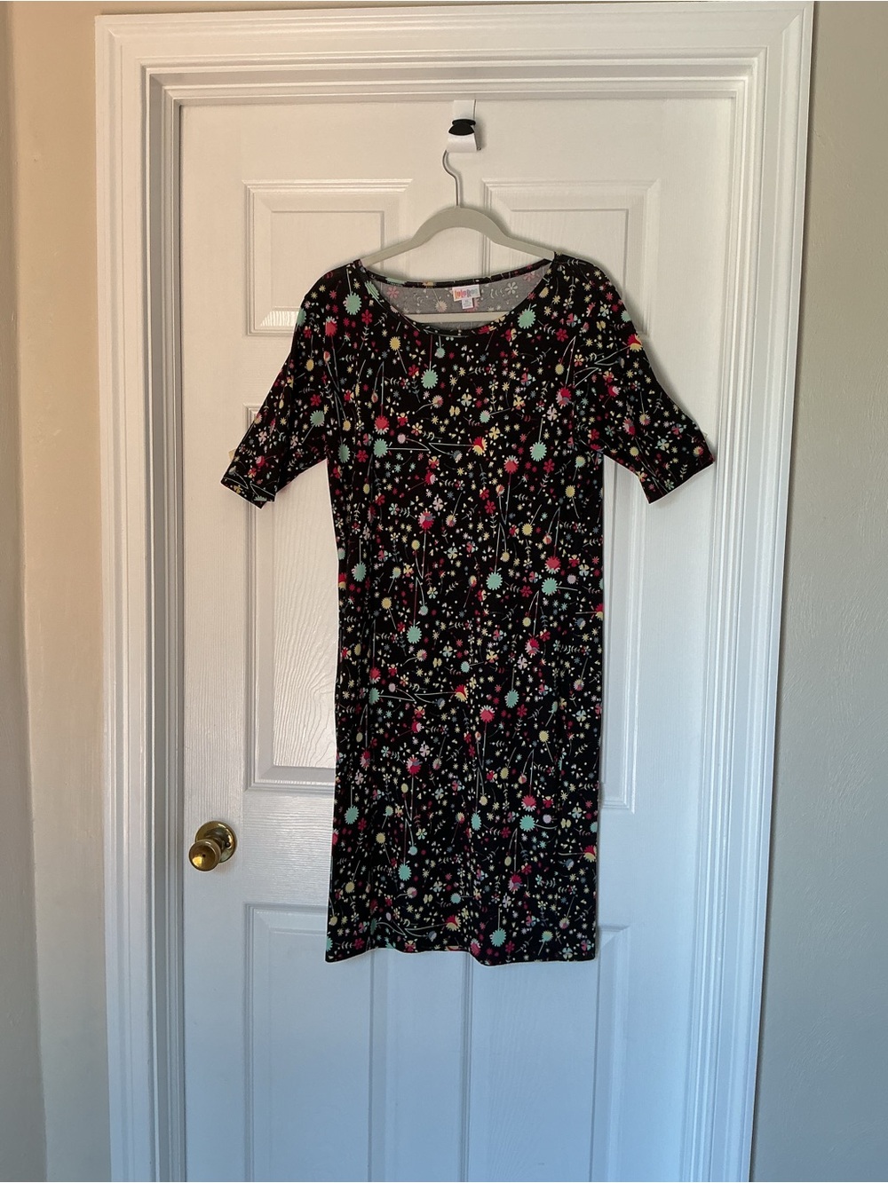 LuLaRoe Julia Dress with Pink, Mint & Yellow Accents